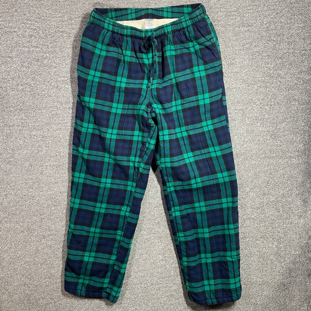 Lands End Pajama Pants Mens L/T 36-38 Plaid Flannel Sherpa Lined Green Navy Blue